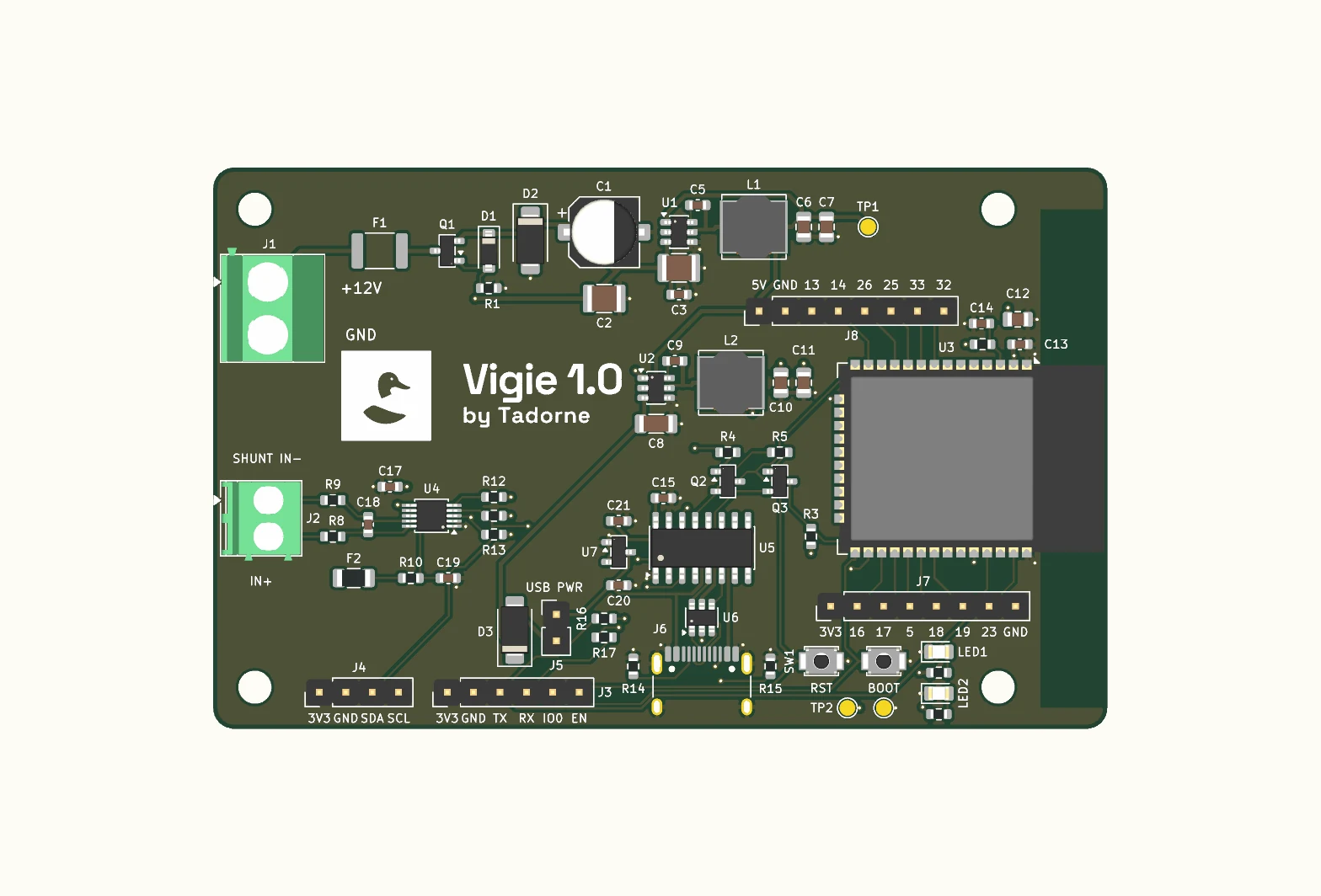 Render of the Vigie 1.0 board, component side.