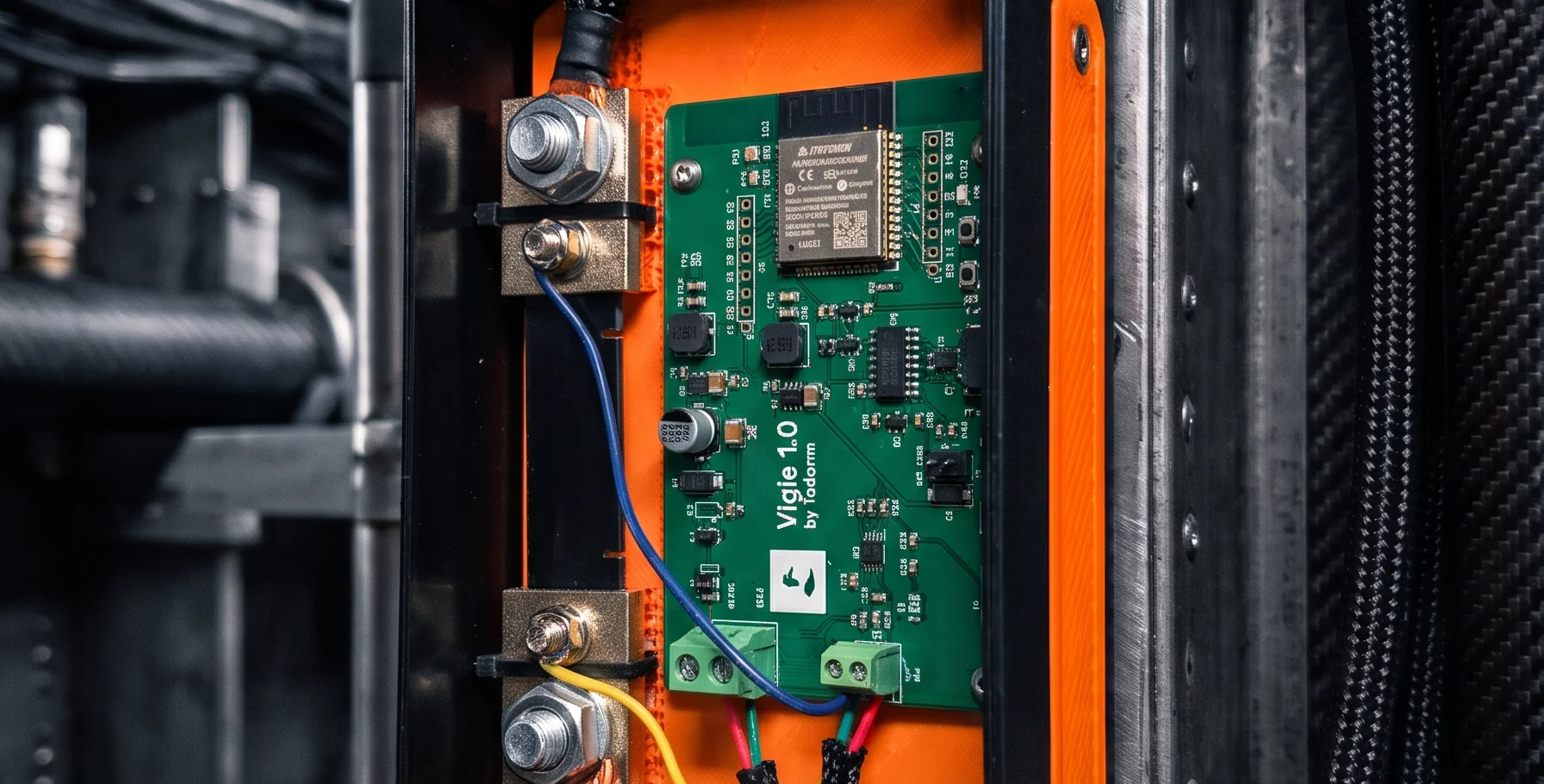 Illustration of the Vigie 1.0 board in its enclosure, with its shunt and cable glands